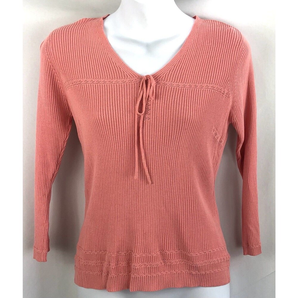 Vintage Ribbed Knit Tee Top PM Pink Bow V-Neck 3/4 Sleeve Cutout Lace Fairy Y2K